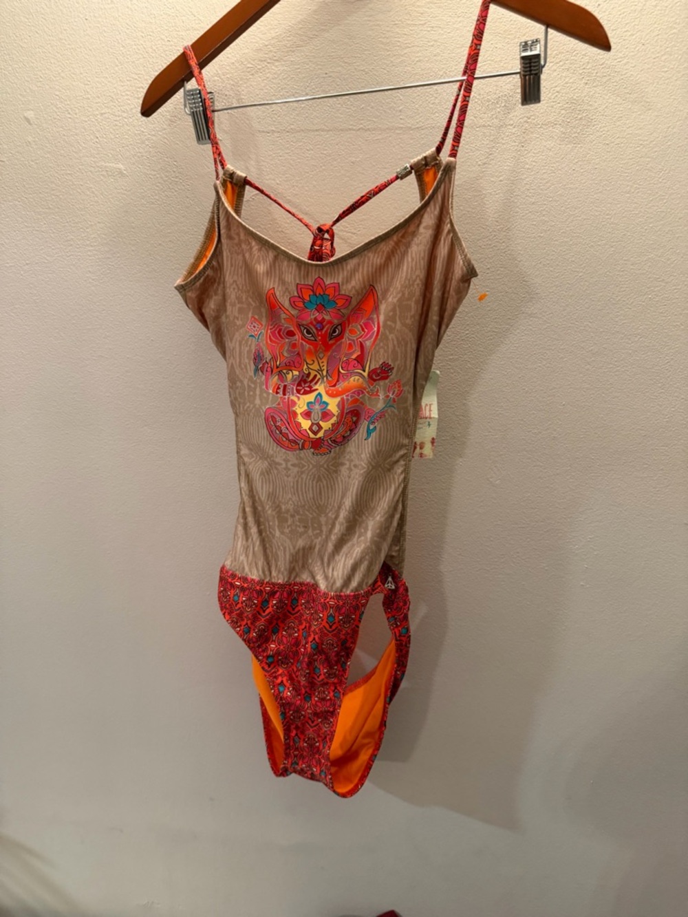 Eco Peace by Aqua Green Ganesha One Piece Swimsuit Tan Orange Multi Size L NEW